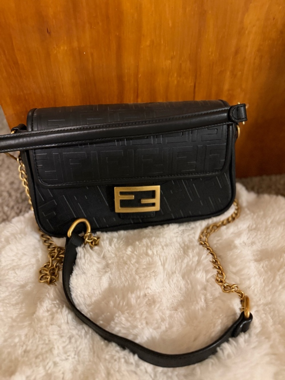 Fendi Black Embossed Leather Shoulder Bag with Gold Hardware